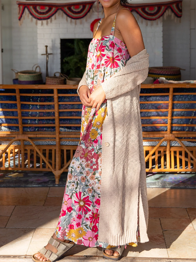 Blumenmuster Baumwoll Schlitzkleid