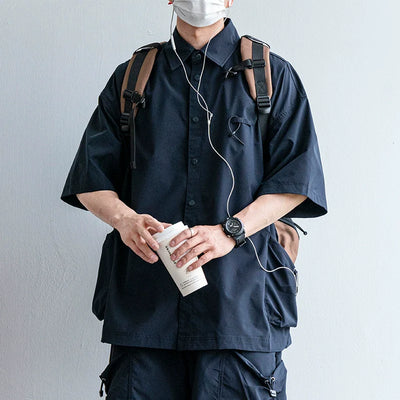 Japanische funktionale große Taschenhemd lässige lockere Overalls Zweiteiliges Set