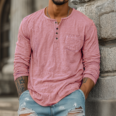 Herren Frühling und Sommer Freizeit Robuster Stil Henry Kragen Bambus Baumwolle Langarm T-Shirt