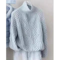 Light Blue Twisted Knit Sweater Women's Spring Autumn Soft Gentle High Collar Mid Length Slit Top by Liang Yi Xuan