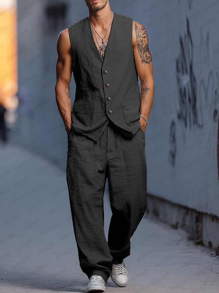 Relaxed Fit Cotton Vest Pants Set