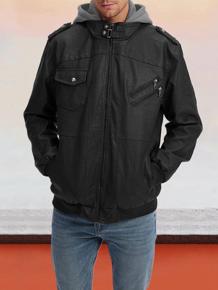 Leder PU-Jacke mit abnehmbarem Hut