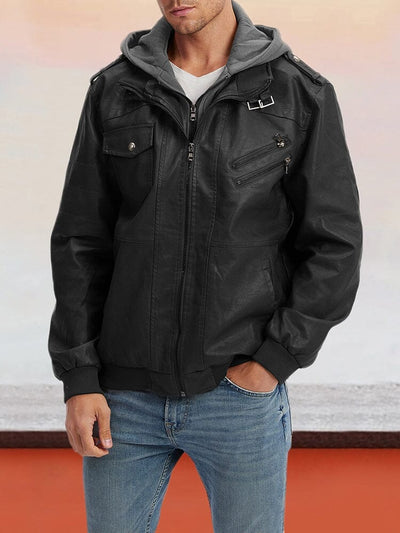 Leder PU-Jacke mit abnehmbarem Hut