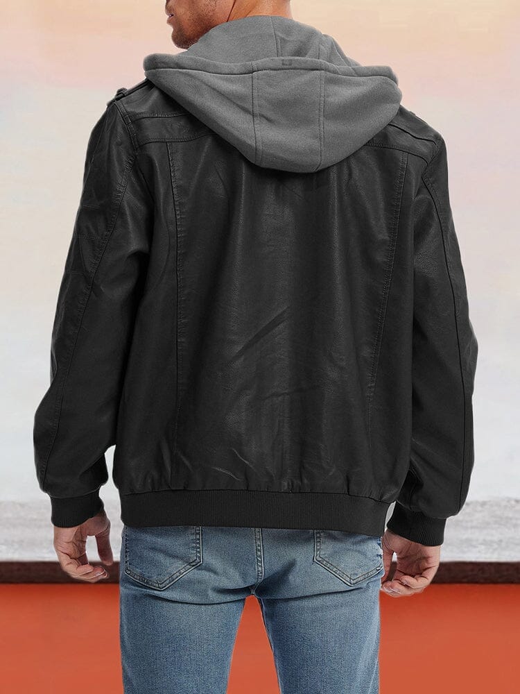 Leder PU-Jacke mit abnehmbarem Hut