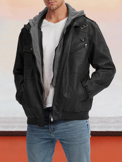 Leder PU-Jacke mit abnehmbarem Hut