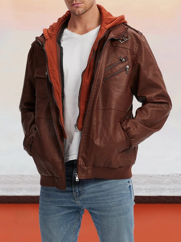 Leder PU-Jacke mit abnehmbarem Hut