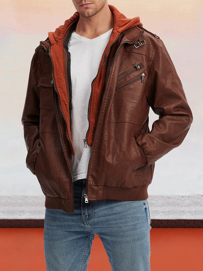 Leder PU-Jacke mit abnehmbarem Hut