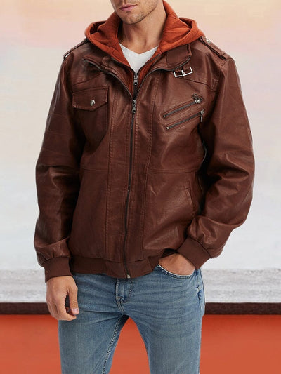 Leder PU-Jacke mit abnehmbarem Hut