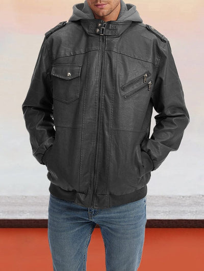 Leder PU-Jacke mit abnehmbarem Hut