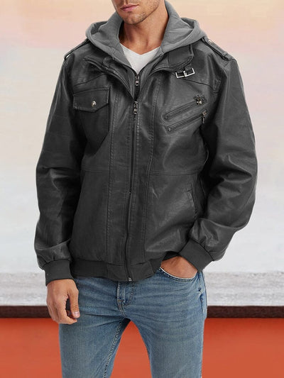 Leder PU-Jacke mit abnehmbarem Hut