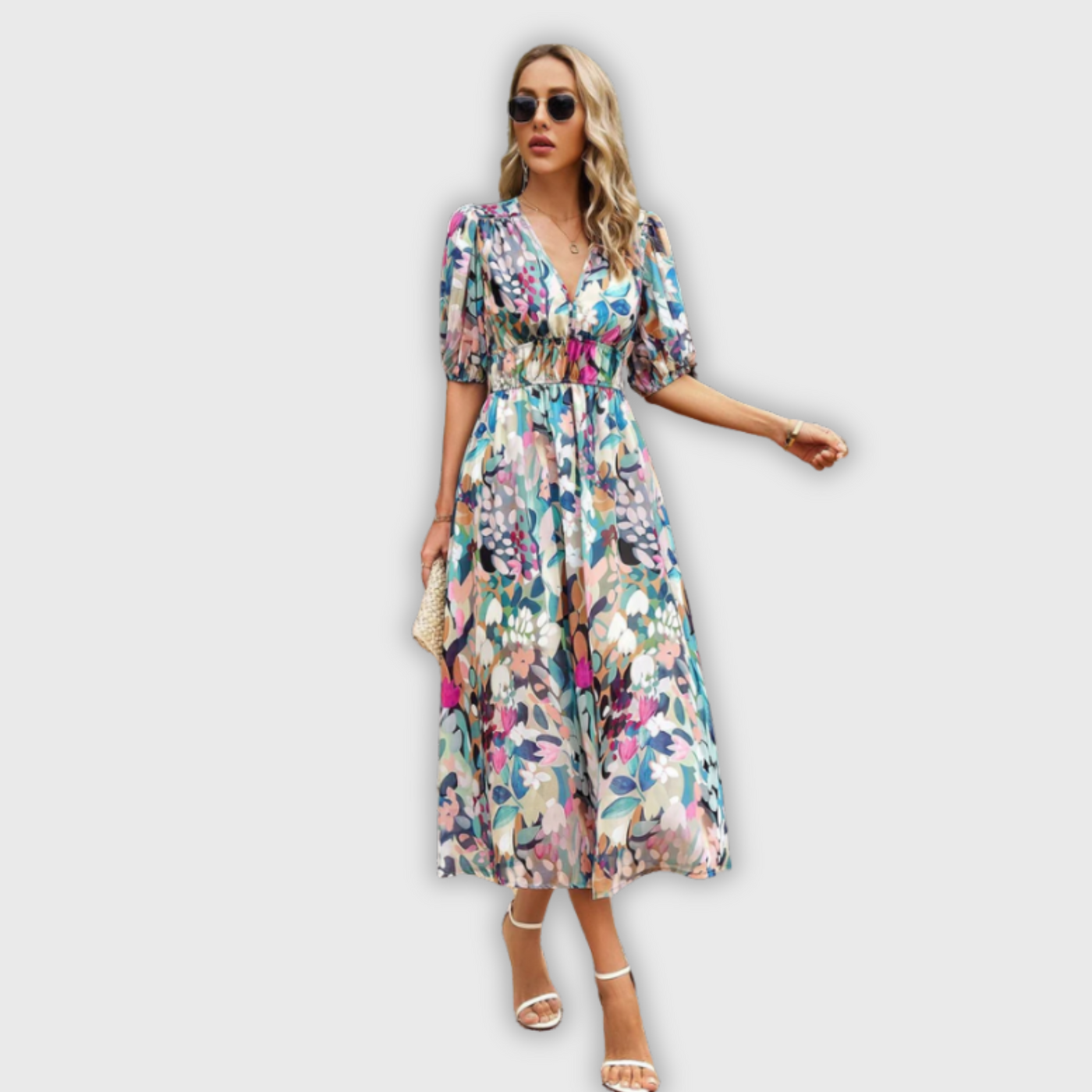 Estella | Midi-Länge Blumenkleid mit figurbetonendem Schnitt