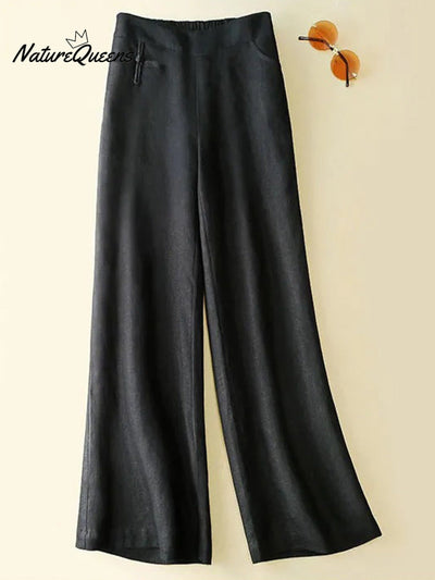 Damen Einfarbige Knopf-Halb-Elastische Hohe Taille Freizeit Baumwolle und Leinen Weite Hose