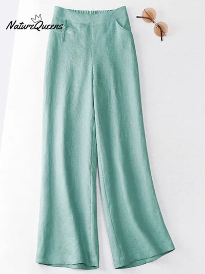 Damen Einfarbige Knopf-Halb-Elastische Hohe Taille Freizeit Baumwolle und Leinen Weite Hose