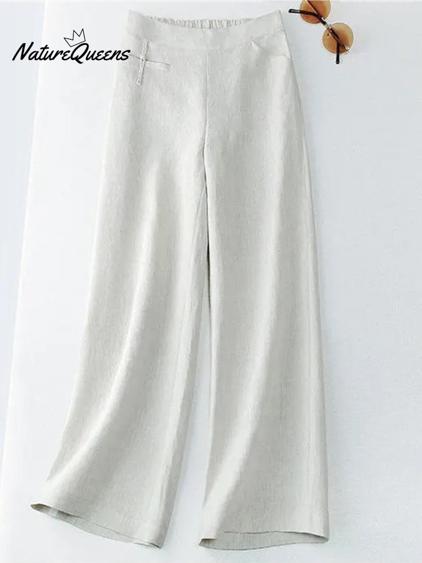 Damen Einfarbige Knopf-Halb-Elastische Hohe Taille Freizeit Baumwolle und Leinen Weite Hose