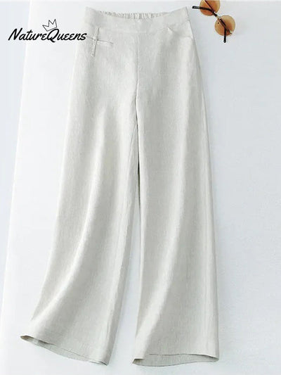 Damen Einfarbige Knopf-Halb-Elastische Hohe Taille Freizeit Baumwolle und Leinen Weite Hose