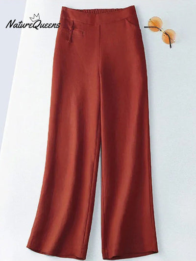 Damen Einfarbige Knopf-Halb-Elastische Hohe Taille Freizeit Baumwolle und Leinen Weite Hose