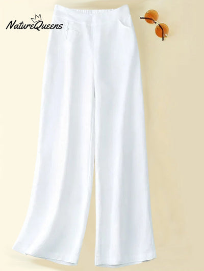 Damen Einfarbige Knopf-Halb-Elastische Hohe Taille Freizeit Baumwolle und Leinen Weite Hose
