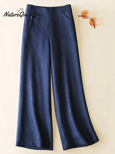 Damen Einfarbige Knopf-Halb-Elastische Hohe Taille Freizeit Baumwolle und Leinen Weite Hose