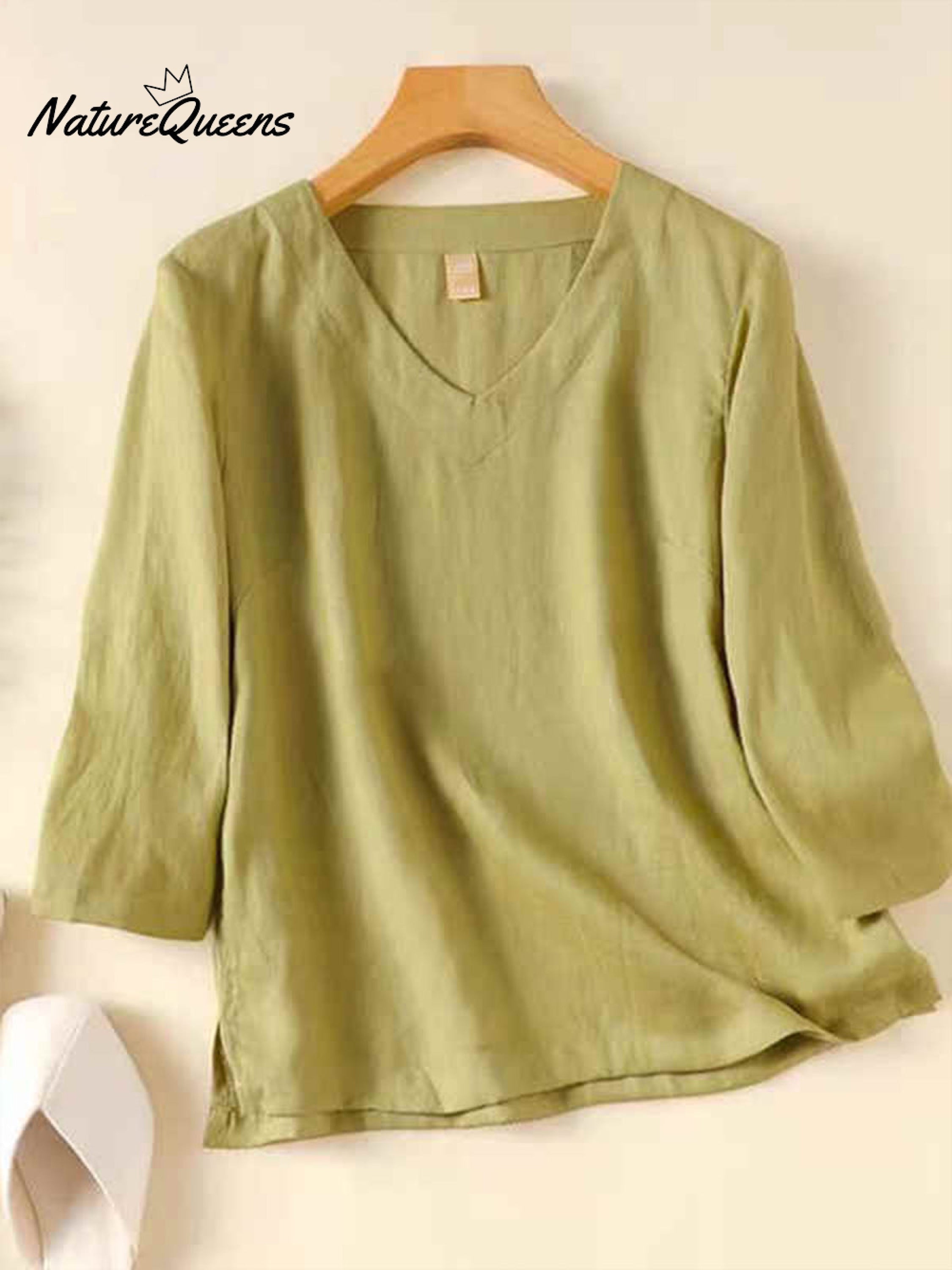 Damen V-Ausschnitt Baumwolle und Leinen Shirt