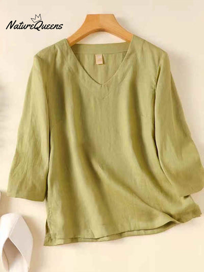 Damen V-Ausschnitt Baumwolle und Leinen Shirt