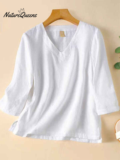 Damen V-Ausschnitt Baumwolle und Leinen Shirt