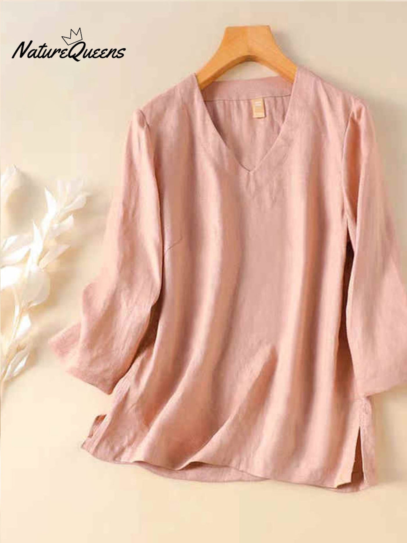 Damen V-Ausschnitt Baumwolle und Leinen Shirt