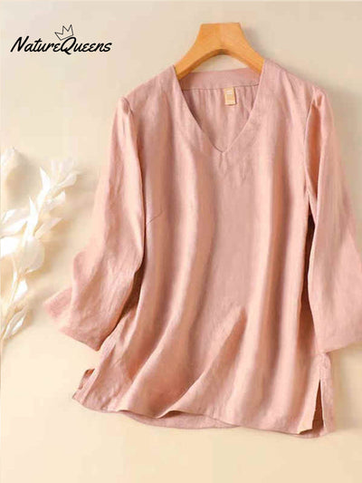 Damen V-Ausschnitt Baumwolle und Leinen Shirt