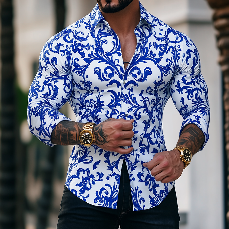 Herren Retro Freizeit Hemd mit blau-weißer Porzellan-Druck und Revers, Langarm