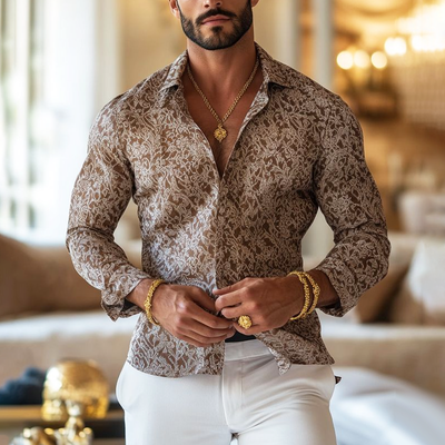 Herren Vintage Druck Revers Langarmshirt