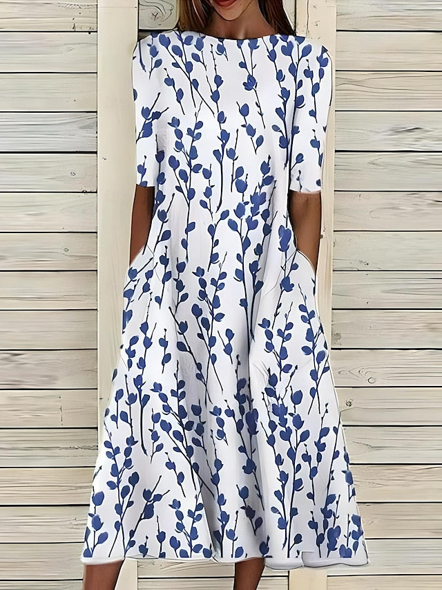 Céleste | Midi Summer Dress with Coastal Flowers and Round Neck