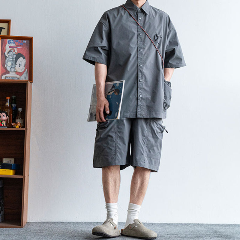Japanische funktionale große Taschenhemd lässige lockere Overalls Zweiteiliges Set