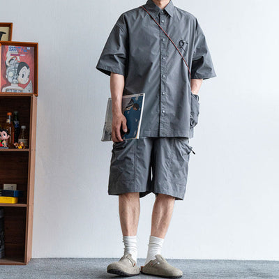 Japanische funktionale große Taschenhemd lässige lockere Overalls Zweiteiliges Set