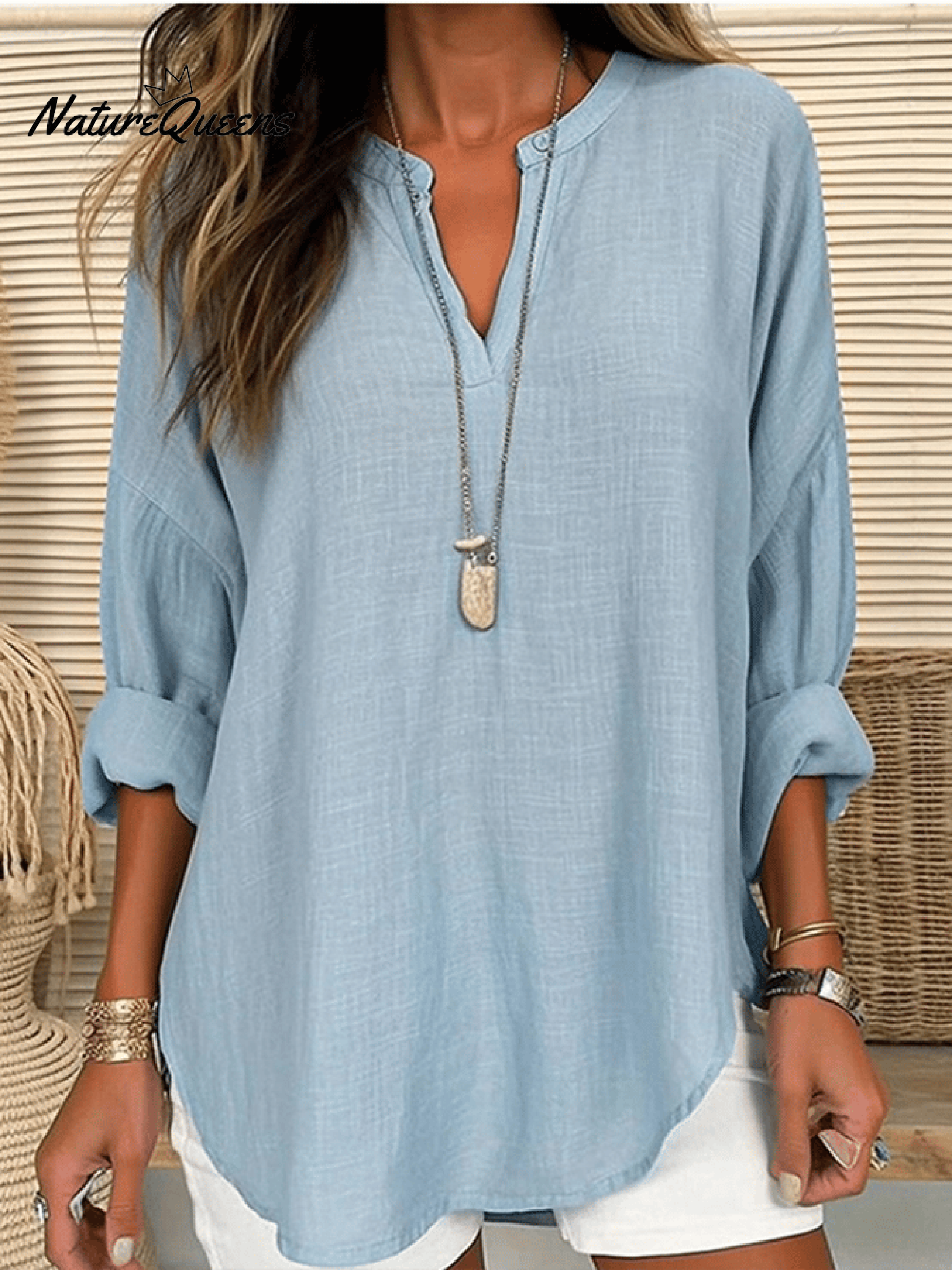 Damen Baumwolle Langarm Rundhals Einfarbig Lockere Strandbluse