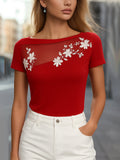 Elegant Red Floral Embroidered Mesh T-shirt