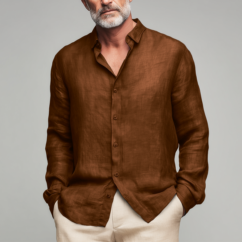 Herren Sommermode Slub-Leinen Langarmhemd