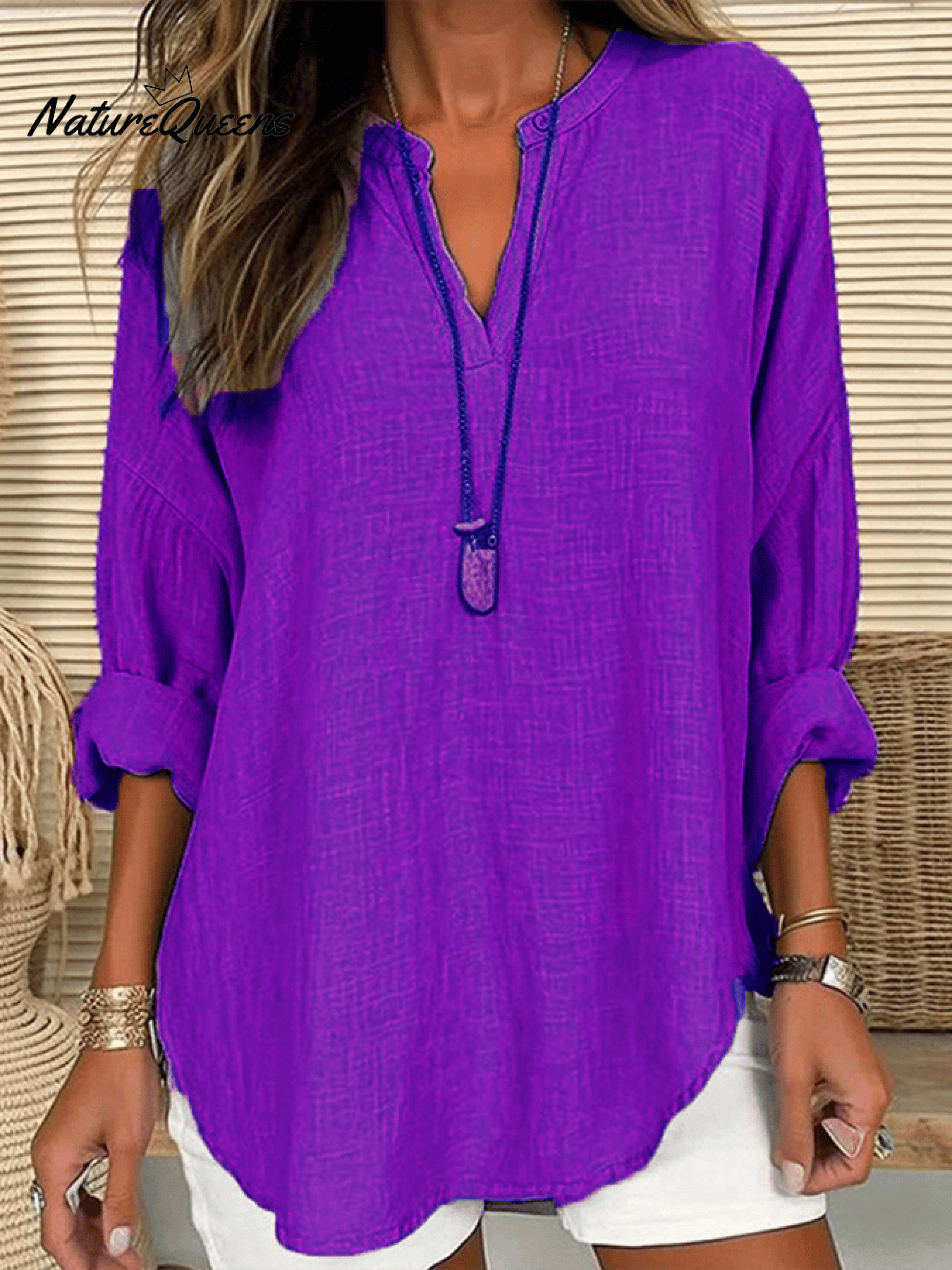 Damen Baumwolle Langarm Rundhals Einfarbig Lockere Strandbluse