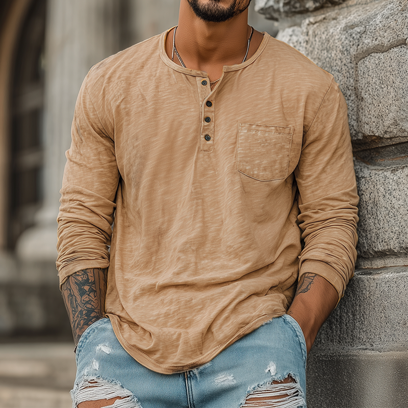 Herren Frühling und Sommer Freizeit Robuster Stil Henry Kragen Bambus Baumwolle Langarm T-Shirt