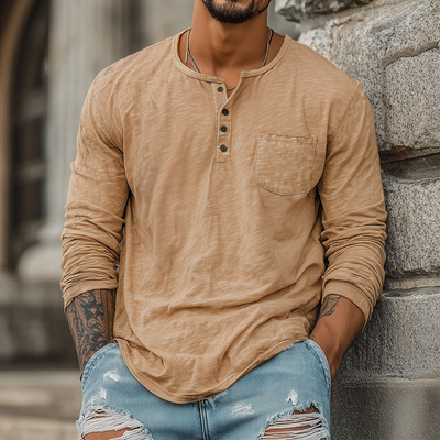 Herren Frühling und Sommer Freizeit Robuster Stil Henry Kragen Bambus Baumwolle Langarm T-Shirt