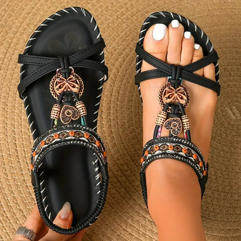 Colella | Elegant sandals decorated with flowers and a rhinestone butterfly