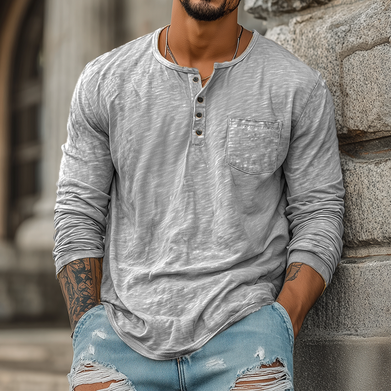 Herren Frühling und Sommer Freizeit Robuster Stil Henry Kragen Bambus Baumwolle Langarm T-Shirt