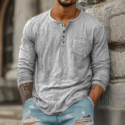 Herren Frühling und Sommer Freizeit Robuster Stil Henry Kragen Bambus Baumwolle Langarm T-Shirt
