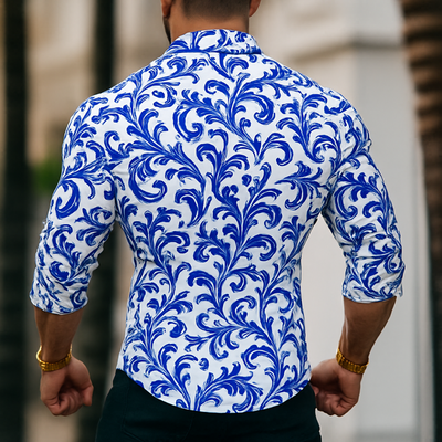 Herren Retro Freizeit Hemd mit blau-weißer Porzellan-Druck und Revers, Langarm
