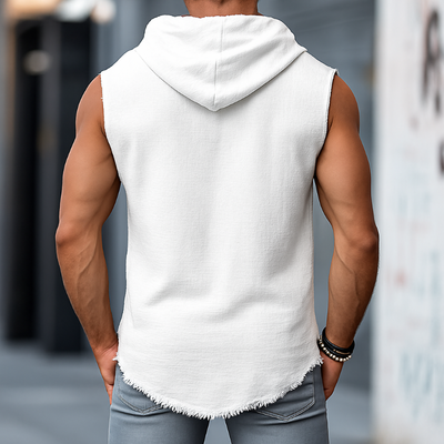 Herren Retro Casual Einfarbiges Leinen Tanktop mit Kapuze und rohem Saum