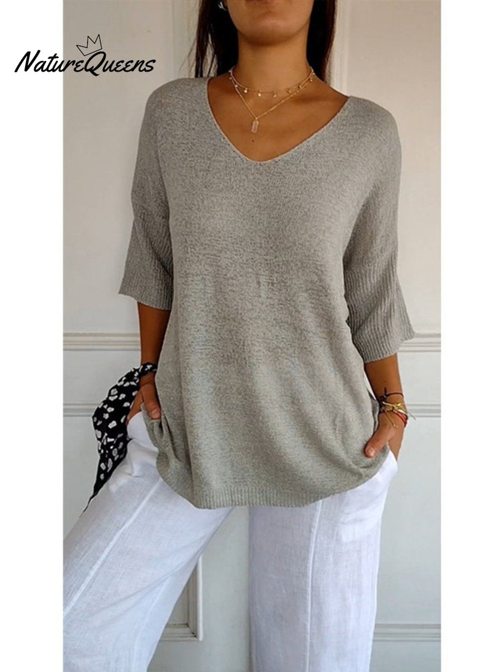 Damen Pullover mit 3/4-Ärmeln in einfarbigem Strick
