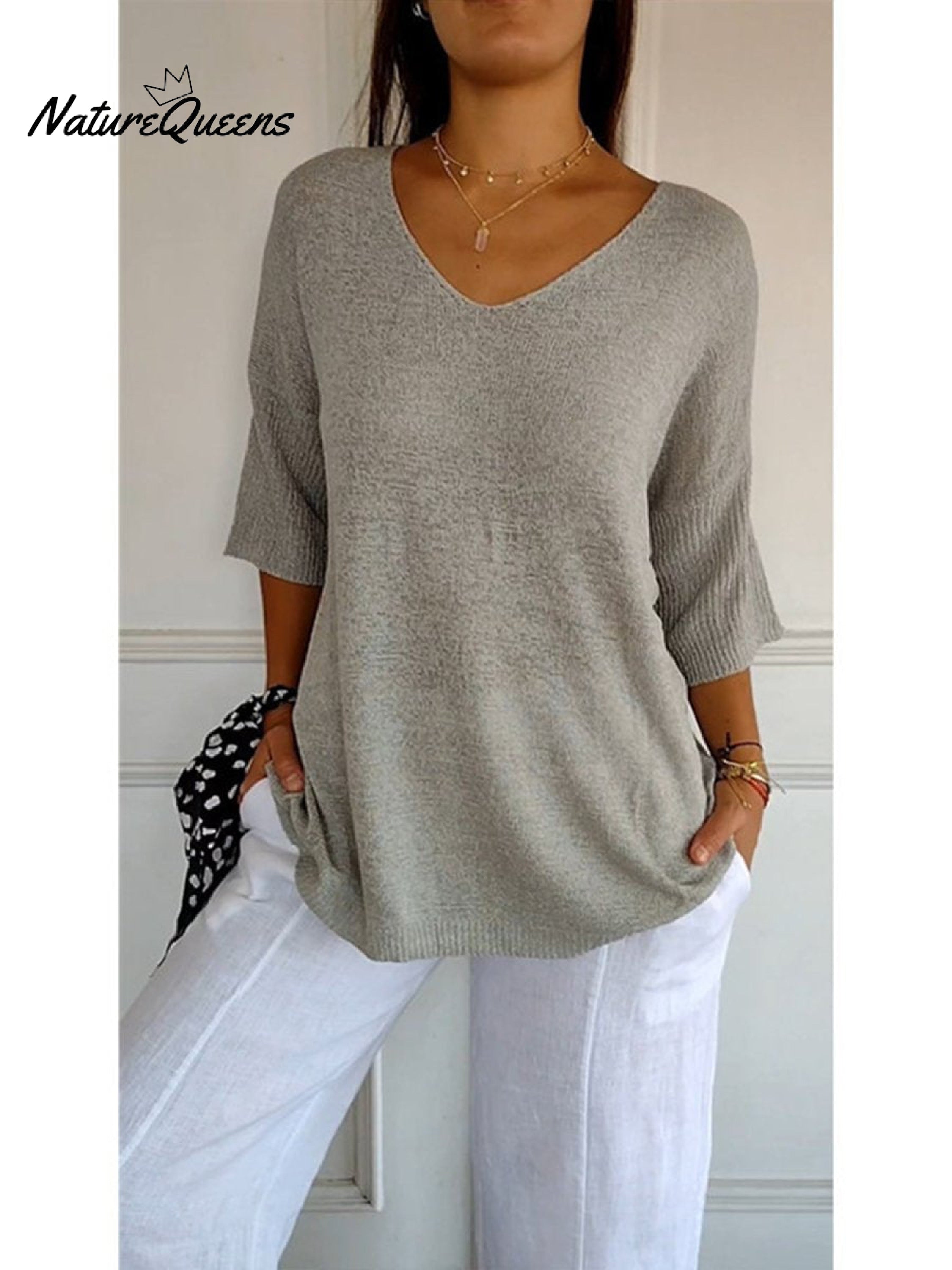 Damen Pullover mit 3/4-Ärmeln in einfarbigem Strick