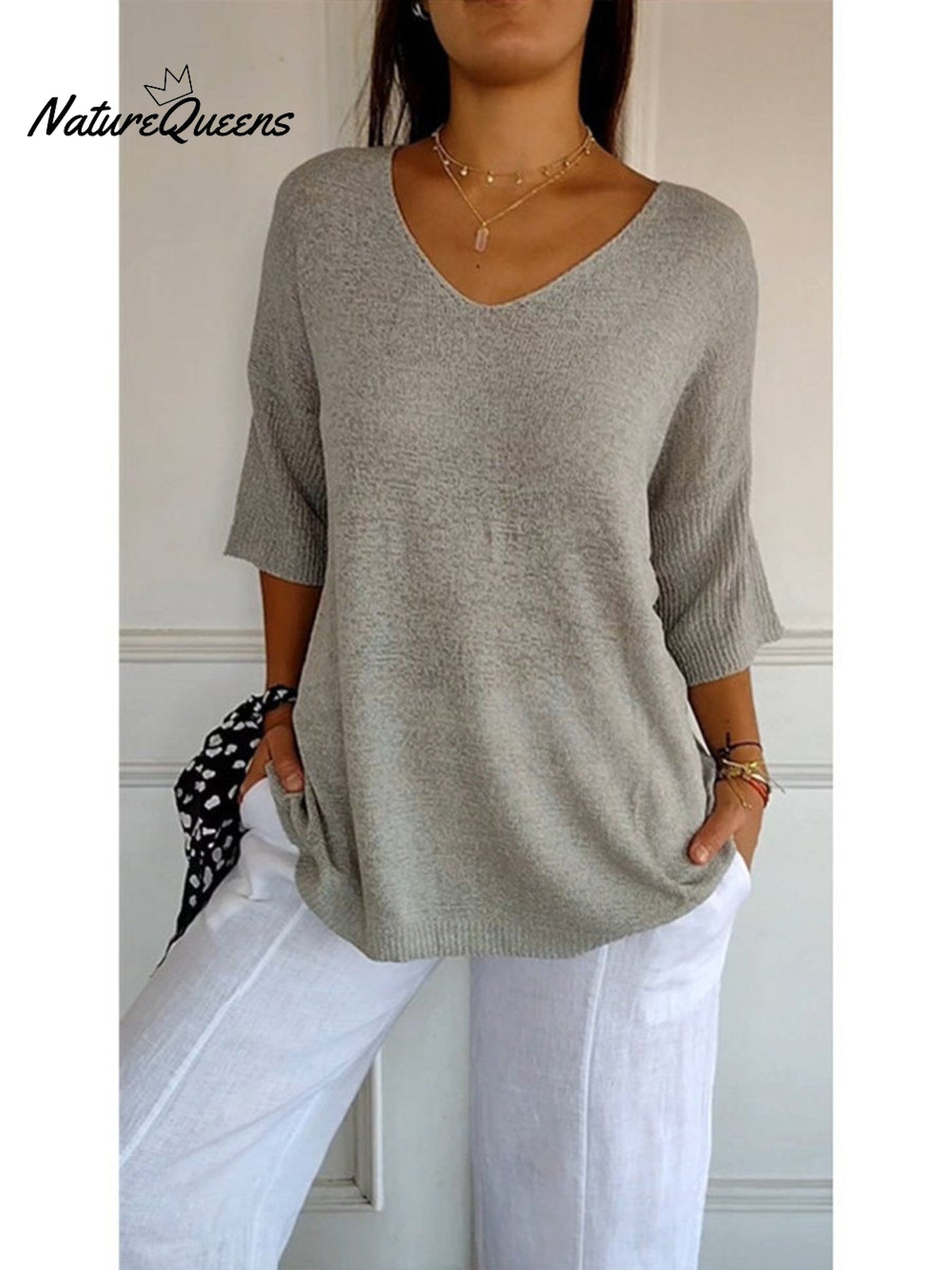 Damen Pullover mit 3/4-Ärmeln in einfarbigem Strick