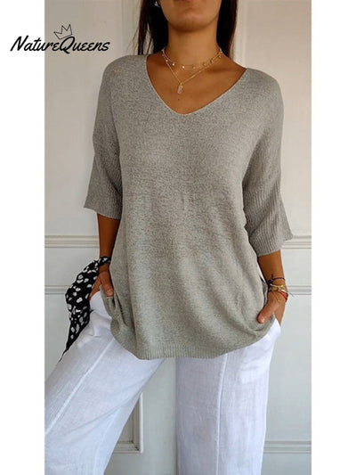 Damen Pullover mit 3/4-Ärmeln in einfarbigem Strick