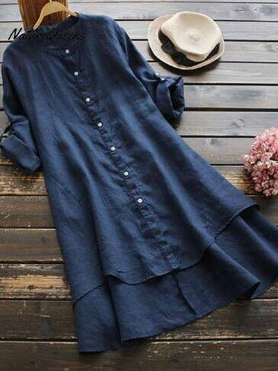 Damen Einfarbig Locker Elegant Lässig Baumwoll- und Leinenhemdkleid