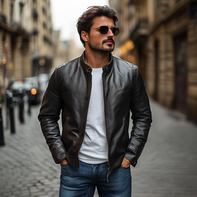Herren Elegante Stehkragen Slim Reißverschluss Lederjacke