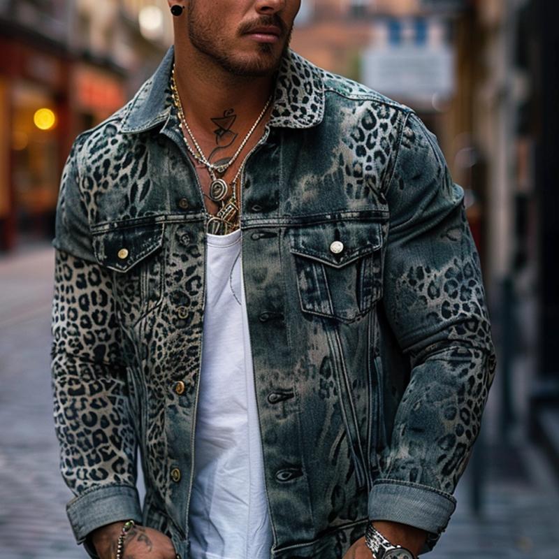 Herren Leopard Ombre Print Denim Truckerjacke